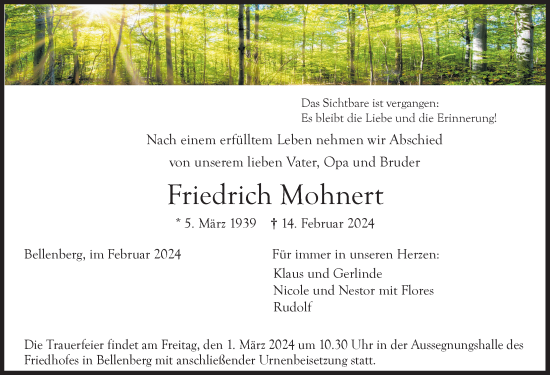 Traueranzeige von Friedrich Mohnert von Illertisser Zeitung