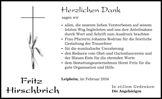 Traueranzeige von Fritz Hirschbrich von Günzburger Zeitung