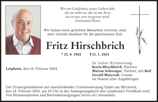 Traueranzeige von Fritz Hirschbrich von Günzburger Zeitung