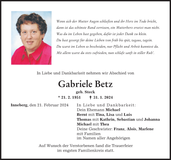 Traueranzeige von Gabriele Betz von Illertisser Zeitung