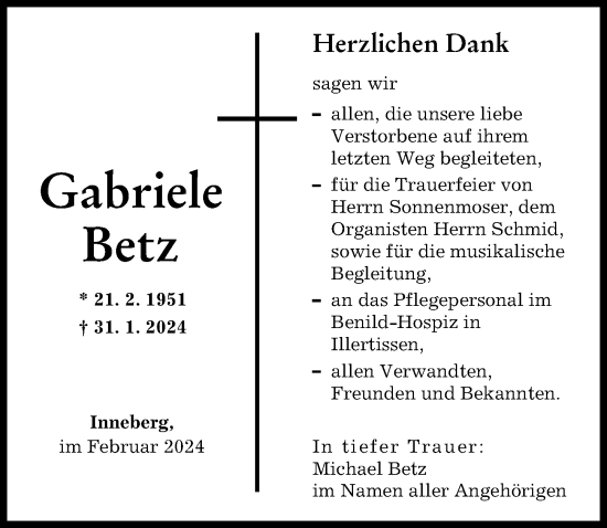 Traueranzeige von Gabriele Betz von Illertisser Zeitung
