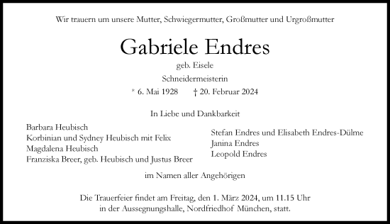 Traueranzeige von Gabriele Endres von Augsburger Allgemeine
