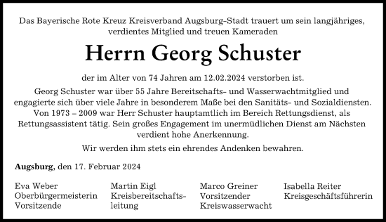 Traueranzeige von Georg Schuster von Augsburger Allgemeine