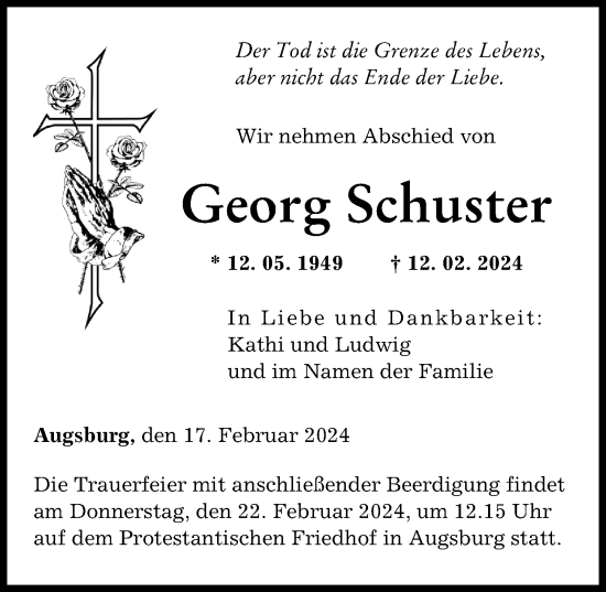 Traueranzeige von Georg Schuster von Augsburger Allgemeine