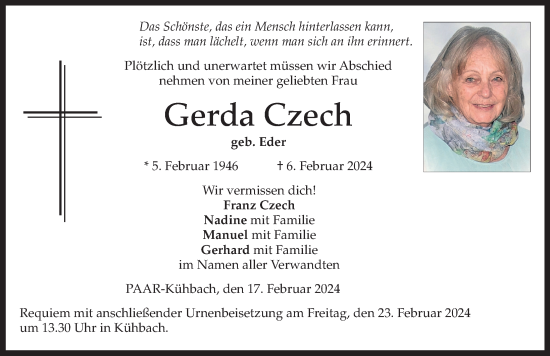 Traueranzeige von Gerda Czech von Aichacher Nachrichten
