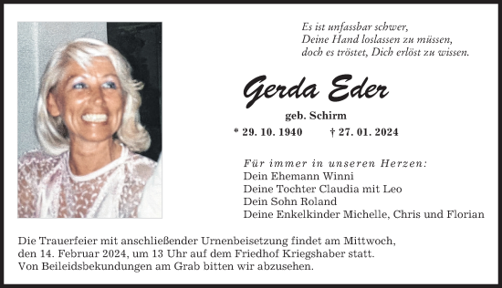 Traueranzeige von Gerda Eder von Augsburger Allgemeine