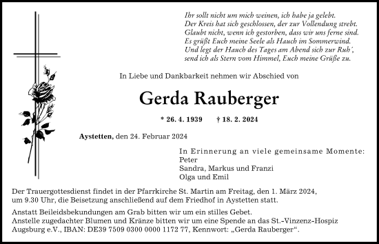 Traueranzeige von Gerda Rauberger von Augsburger Allgemeine