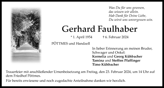 Traueranzeige von Gerhard Faulhaber von Aichacher Nachrichten