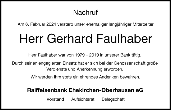 Traueranzeige von Gerhard Faulhaber von Neuburger Rundschau