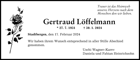 Traueranzeige von Gertraud Löffelmann von Augsburger Allgemeine