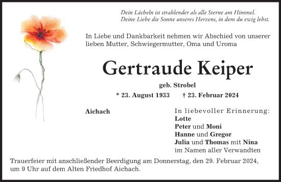 Traueranzeige von Gertraude Keiper von Aichacher Nachrichten