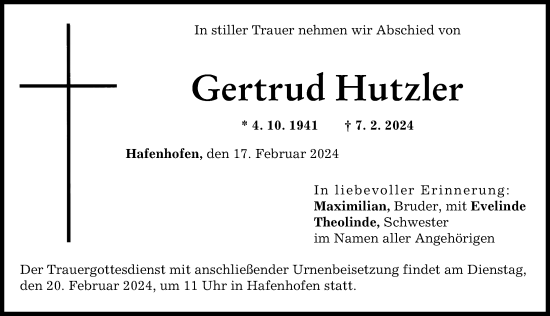 Traueranzeige von Gertrud Hutzler von Günzburger Zeitung