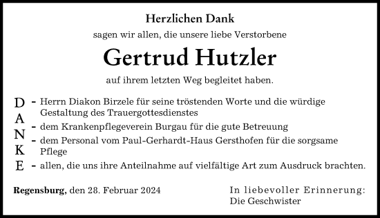 Traueranzeige von Gertrud Hutzler von Günzburger Zeitung