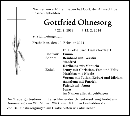 Traueranzeige von Gottfried Ohnesorg von Günzburger Zeitung