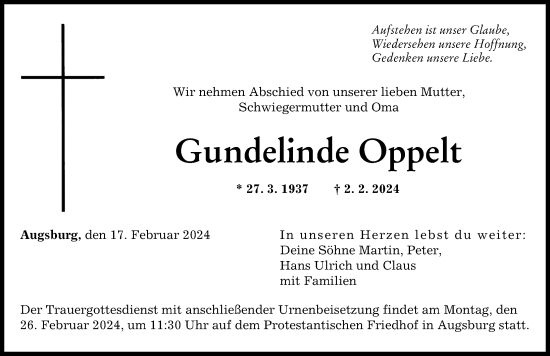 Traueranzeige von Gundelinde Oppelt von Augsburger Allgemeine