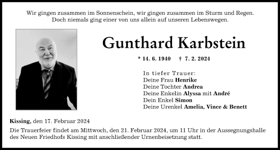 Traueranzeige von Gunthard Karbstein von Friedberger Allgemeine