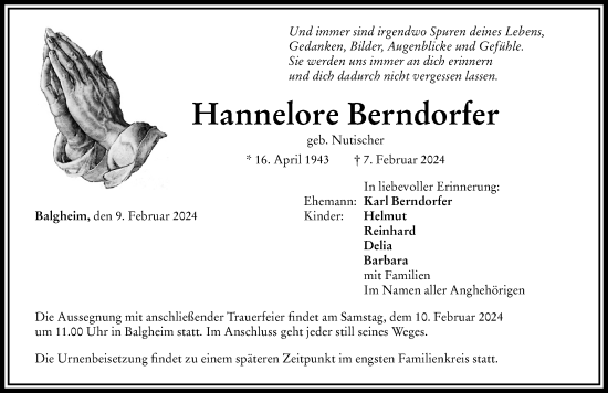 Traueranzeige von Hannelore Berndorfer von Rieser Nachrichten