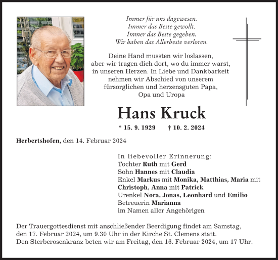 Traueranzeige von Hans Kruck von Augsburg-Land