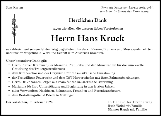 Traueranzeige von Hans Kruck von Augsburg-Land