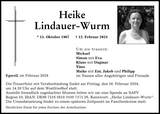Traueranzeige von Heike Lindauer-Wurm von Neuburger Rundschau
