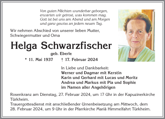 Traueranzeige von Helga Schwarzfischer von Mindelheimer Zeitung