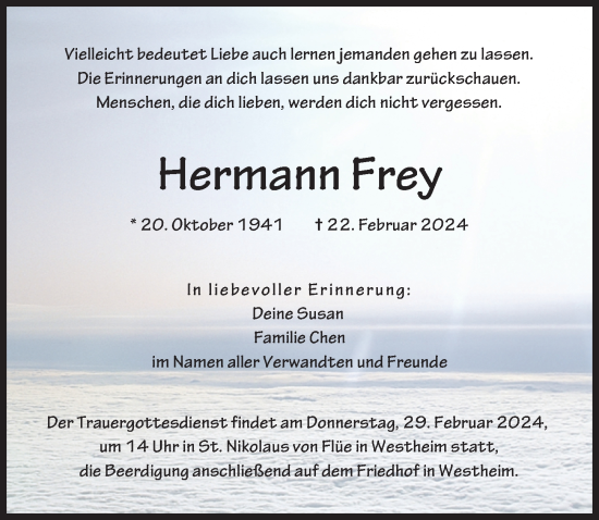 Traueranzeige von Hermann Frey von Augsburger Allgemeine
