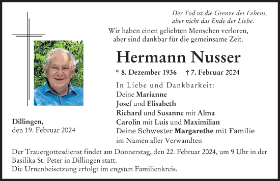 Traueranzeige von Hermann Nusser von Donau Zeitung