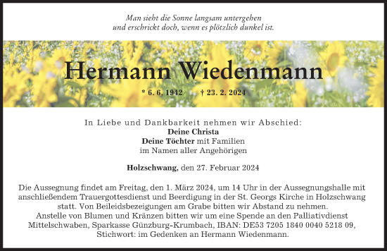 Traueranzeige von Hermann Wiedenmann von Neu-Ulmer Zeitung