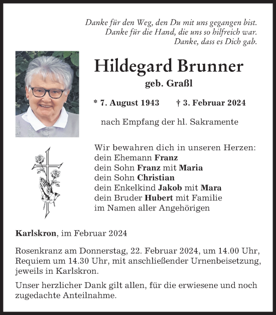 Traueranzeige von Hildegard Brunner von Neuburger Rundschau