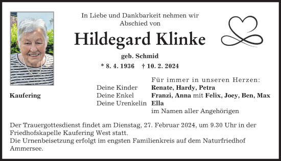 Traueranzeige von Hildegard Klinke von Landsberger Tagblatt