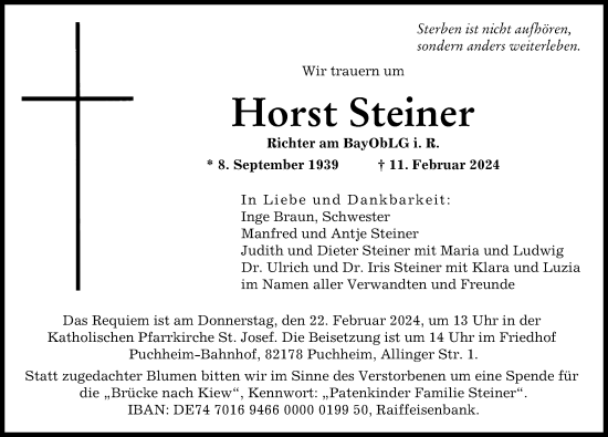 Traueranzeige von Horst Steiner von Donau Zeitung, Augsburger Allgemeine