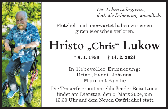 Traueranzeige von Hristo Lukow von Augsburger Allgemeine