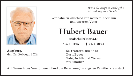 Traueranzeige von Hubert Bauer von Augsburger Allgemeine