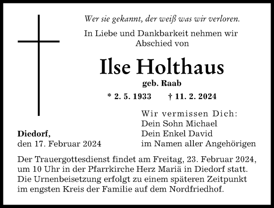 Traueranzeige von Ilse Holthaus von Augsburger Allgemeine