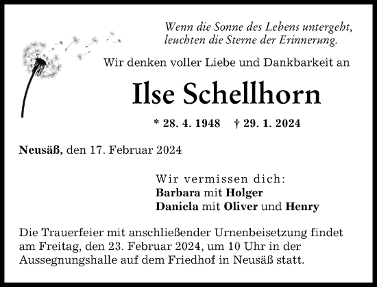 Traueranzeige von Ilse Schellhorn von Augsburg-Land