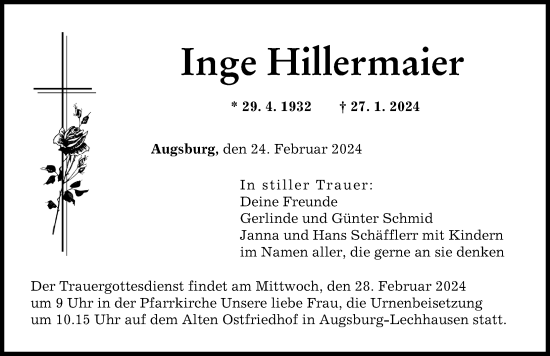Traueranzeige von Inge Hillermaier von Augsburger Allgemeine