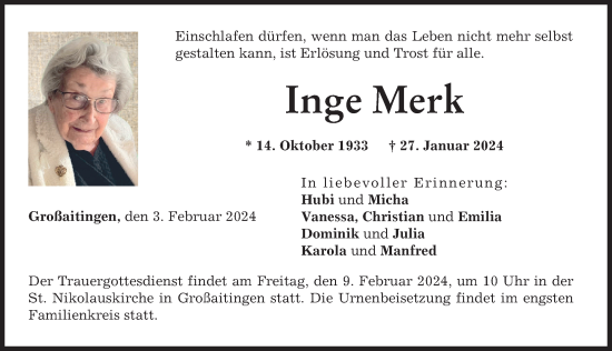 Traueranzeige von Inge Merk von Schwabmünchner Allgemeine