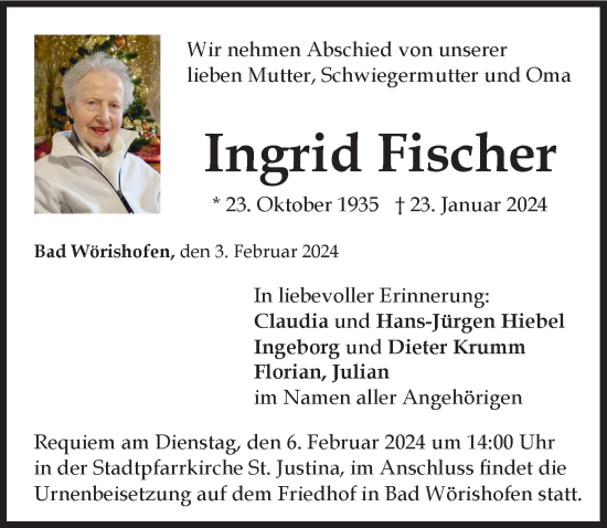 Traueranzeige von Ingrid Fischer von Mindelheimer Zeitung