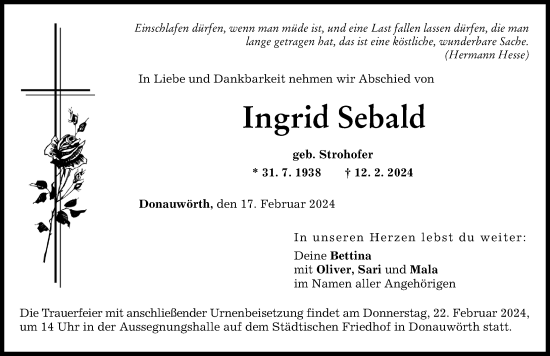 Traueranzeige von Ingrid Sebald von Donauwörther Zeitung
