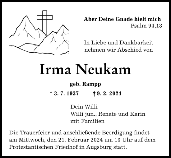 Traueranzeige von Irma Neukam von Augsburger Allgemeine