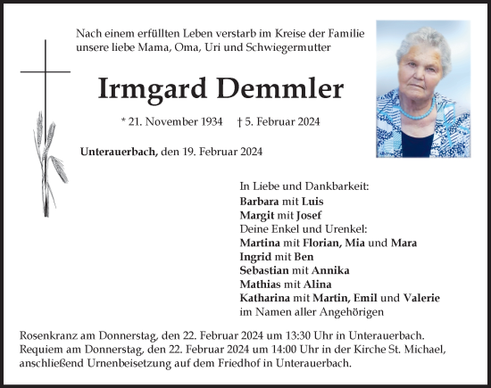 Traueranzeige von Irmgard Demmler von Mindelheimer Zeitung