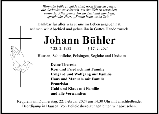 Traueranzeige von Johann Bühler von Rieser Nachrichten