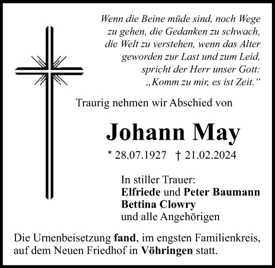 Traueranzeige von Johann May von Illertisser Zeitung