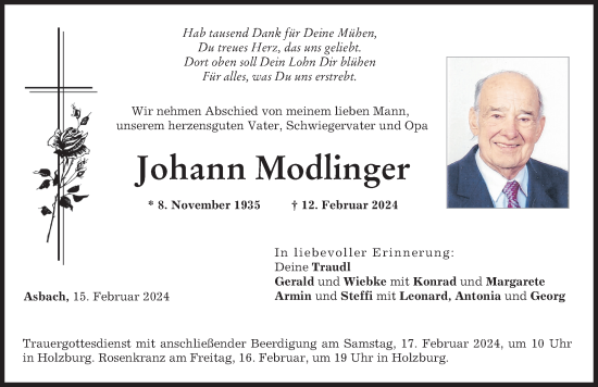 Traueranzeige von Johann Modlinger von Friedberger Allgemeine