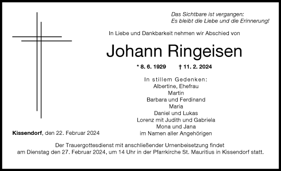 Traueranzeige von Johann Ringeisen von Günzburger Zeitung