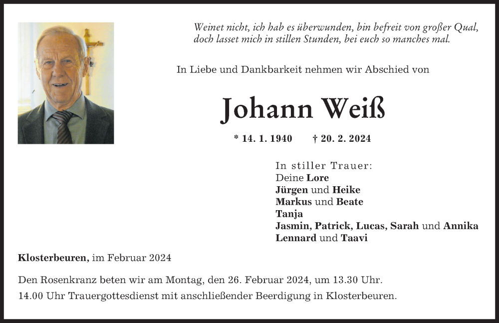  Traueranzeige für Johann Weiß vom 22.02.2024 aus Illertisser Zeitung