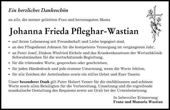 Traueranzeige von Johanna Frieda Pfleghar-Wastian von Mindelheimer Zeitung
