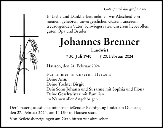 Traueranzeige von Johannes Brenner von Donau Zeitung