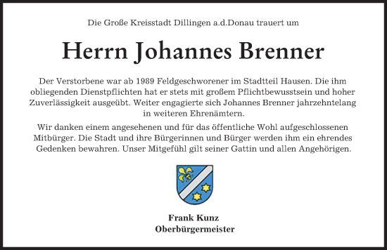 Traueranzeige von Johannes Brenner von Donau Zeitung