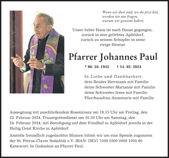 Traueranzeige von Johannes Paul von Landsberger Tagblatt